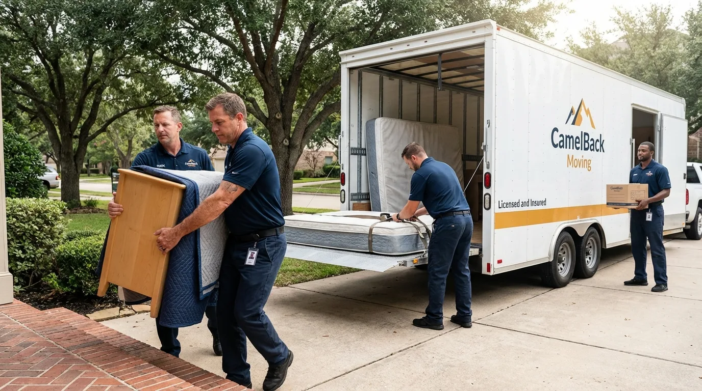 Crew loading residential truck for cross-state move from Denison, IA