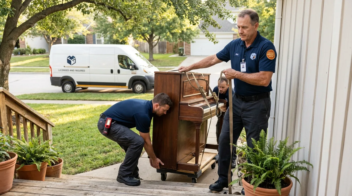 Licensed piano movers securing grand piano in Denison, IA