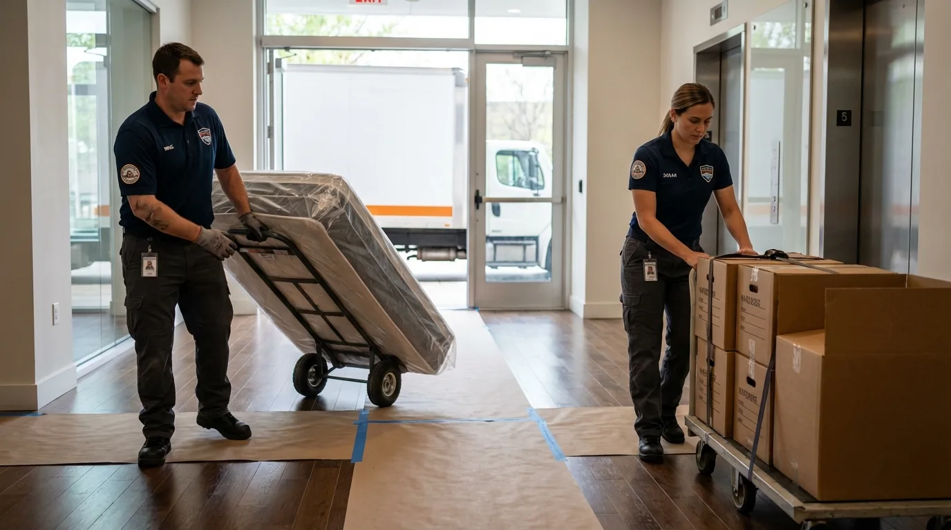 Professional apartment movers loading elevator in Denison, IA